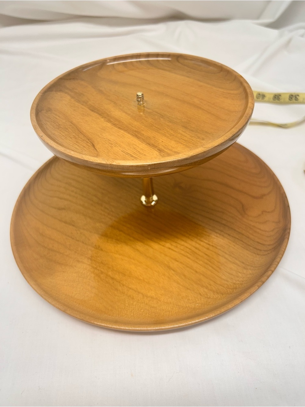 MCM “Hilltop” Oregon Myrtlewood Two-Tier Wood and Gold Serving Stand - Picture 4 of 8